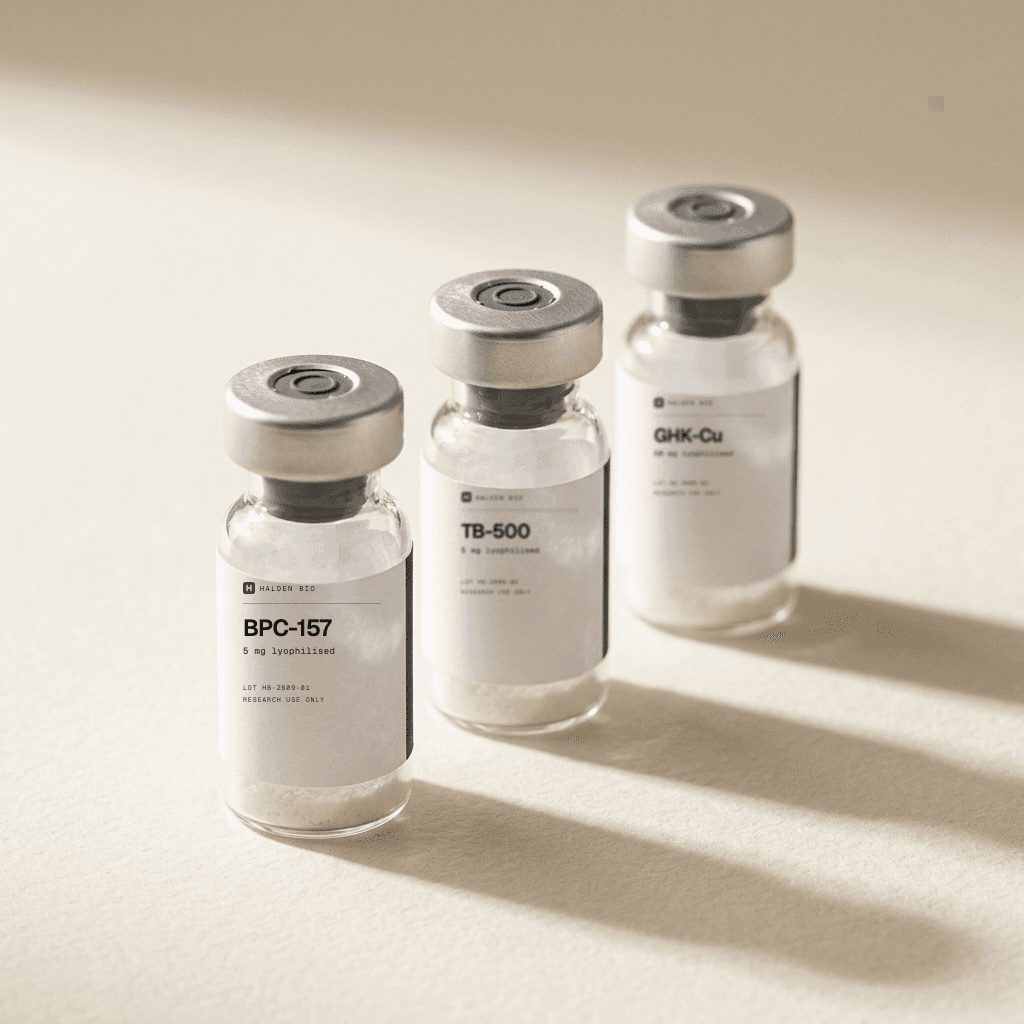 A row of glass vials printed with the Halden Bio label, compound name and lot number